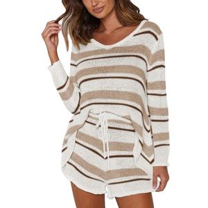 2 Piece white brown & beige stripe knit lounge set long sleeve sweater & shorts